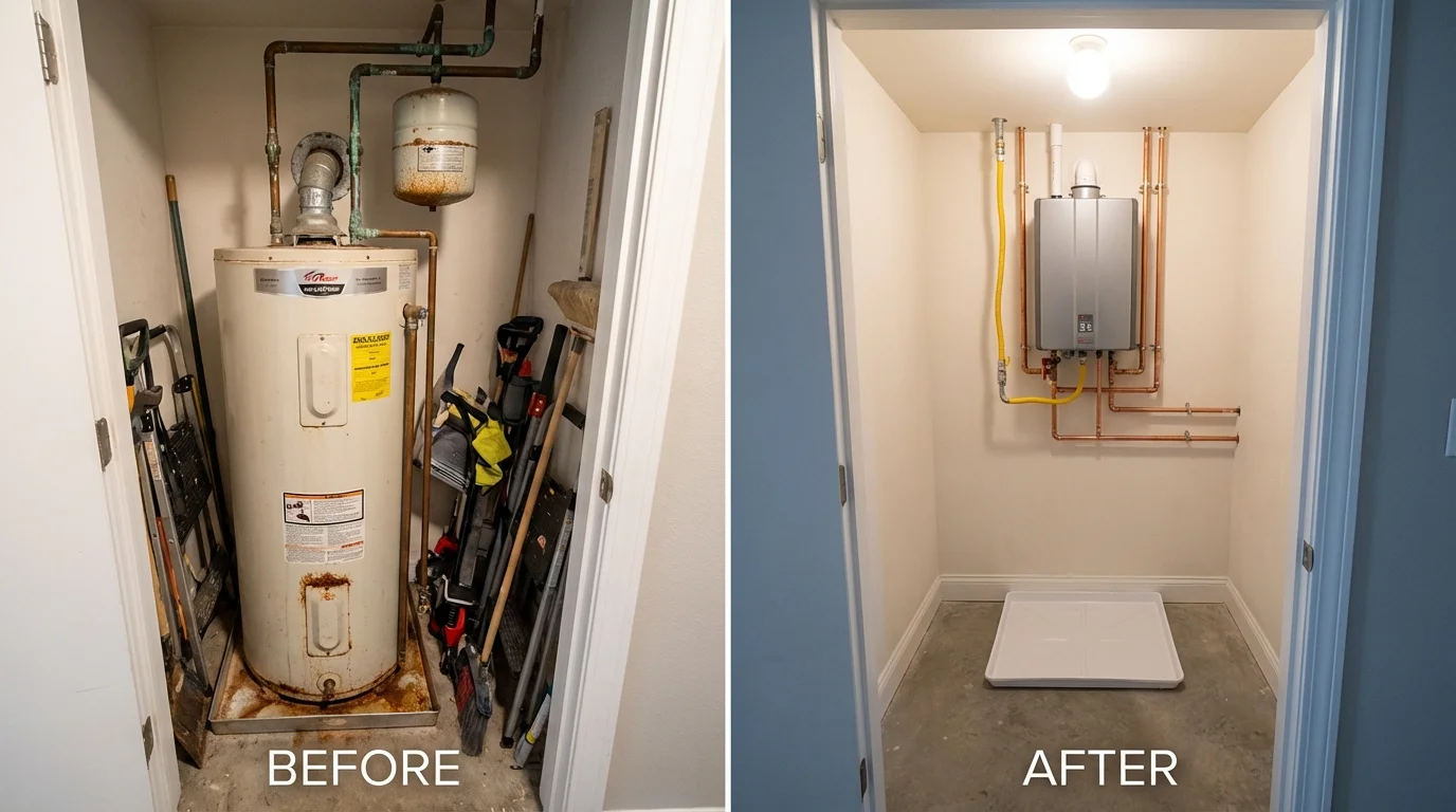 Tank water heater versus wall-mounted tankless unit comparison for Montgomery, PA homeowners