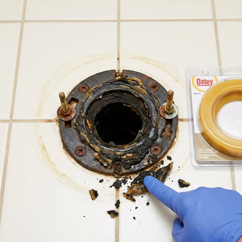 Failed wax ring showing water seepage at the base of a toilet in a Montgomery, PA home