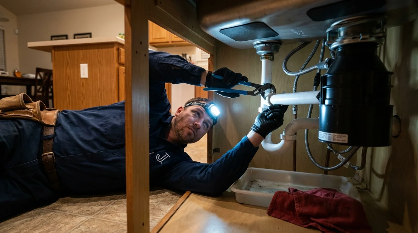 P-trap and supply line connections under a kitchen sink showing a common leak point in Montgomery, PA